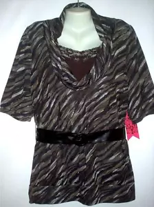 ALMOST FAMOUS DRAPE NECK LACE INCERT BROWN BELT SWEATER TOP PLUS 1X 2X 3X - Picture 1 of 1