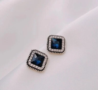 Simulated Princess Sapphire & Moissanite Stud Party Earrings In 10K White Gold - Image 1 of 3