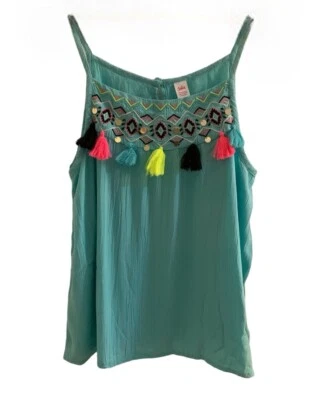 Justice Girls Tank Top Mint Green 14/16 Pullover Tassels Sequins Graphic - Image 1 of 4