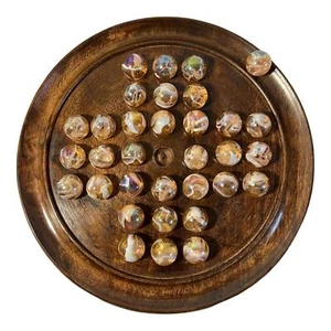 30cm Diameter WOODEN SOLITAIRE with PINKY GLASS MARBLES - Picture 1 of 7