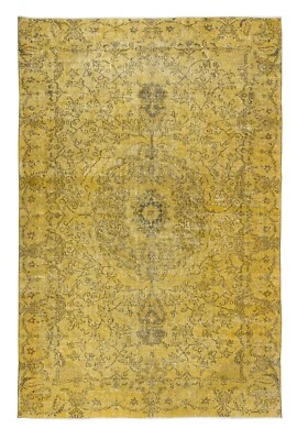 Alfombra turca hecha a mano de 6,4x9,4 pies en amarillo, alfombra contemporánea Foto 1 de 4