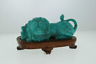 ANTIQUE TURQUOISE CARVED LION FIGURINE W/ STAND