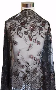 Sciarpa elegante oblunga in pizzo floreale con paillettes e frange, nero/marrone - Foto 1 di 5