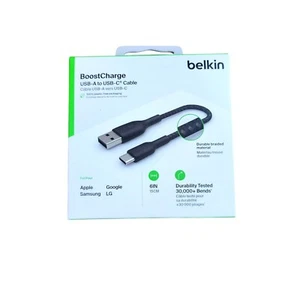 BELKIN BOOST CHARGE USB-C TO USB-A CABLE BRAIDED 15CM TYPE C BLACK CAB002BT0MBK  - Picture 1 of 3