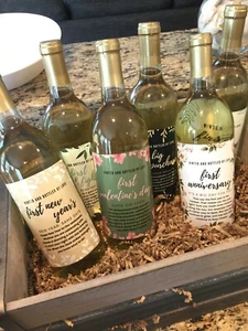 Wine Bottle Labels for Wedding Gift, Wedding Firsts Bridal Shower Milestone Gift - Picture 1 of 8