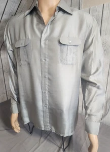 VTG Carraci 100% Silk Shirt Gray Silver Sheen Made in Hong Kong L Button Up - Picture 1 of 10