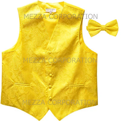 New Men's paisley formal Tuxedo Vest Waistcoat_Bowtie Yellow wedding prom party - Image 1 of 4