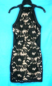 IN San Francisco VTG BLACK FLORAL LACE Halter Bodycon Sheath Dress NUDE LINER M - Picture 1 of 6