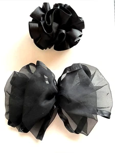 Vintage Big Silky BLACK Hair Bow 2 Barrettes/Clip Ribbon 1 Oversized/ 1 Formal - Picture 1 of 2