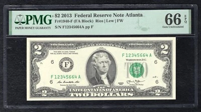 FR. 1940-F 2013 $2 FRN “LADDER S/N F12345664A” PMG GEM UNCIRCULATED-66EPQ - Image 1 of 2