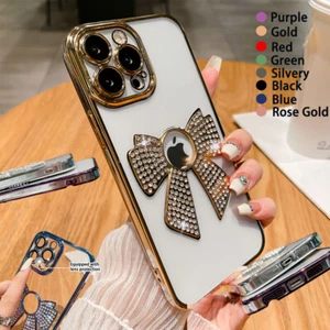 For iPhone 16 Pro Max 15 14 13 12 11 Clear Hollow Bow Diamond Bling Phone Case - Picture 1 of 23