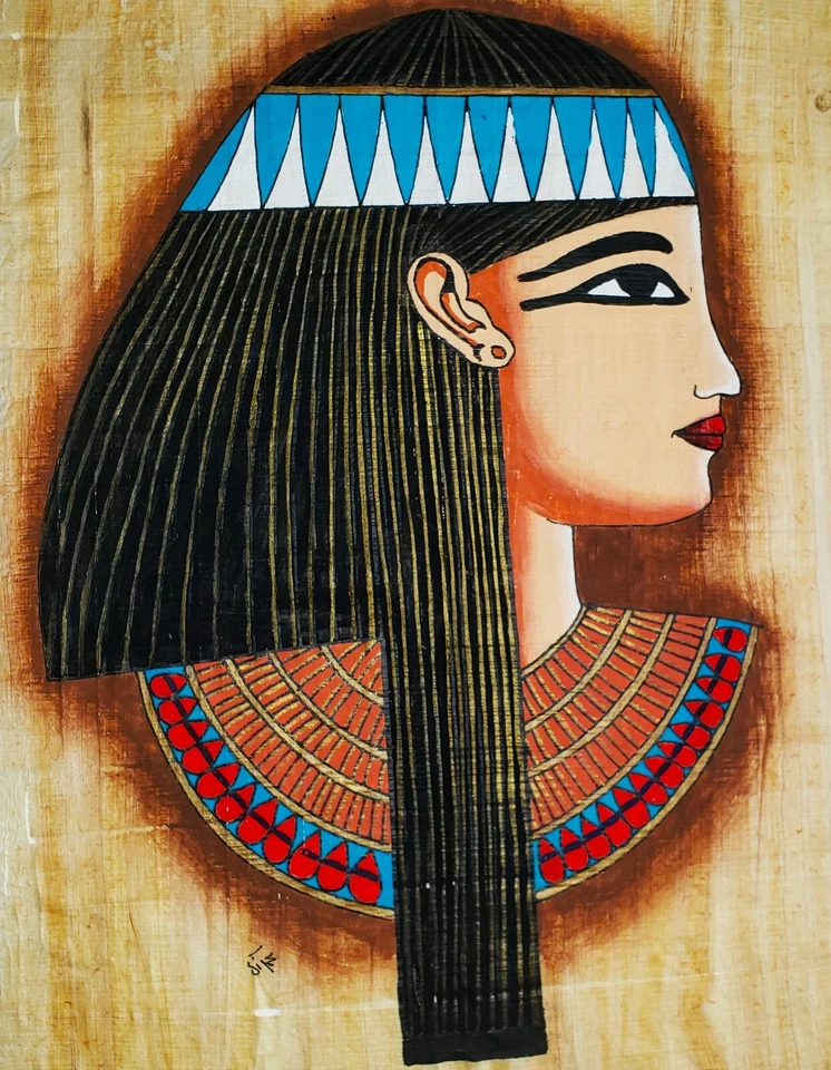 ANCIENT EGYPTIAN PAPYRUS PAINTING on Handmade Paper SIGNED Queen Cleobatha - Image 1 of 3
