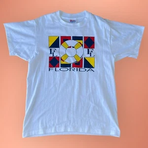 T-shirt Florida Hanes bianca vintage anni 90 uomo media colorata punto singolo - Foto 1 di 5