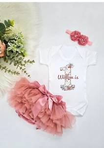 Personalised Floral Number One First Birthday Vest with Pink Tutu & Headband - Picture 1 of 4