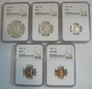 Blast White 1957 Proof Set - all 5 coins grade NGC PR67, PF67, PR 67 - Picture 1 of 2