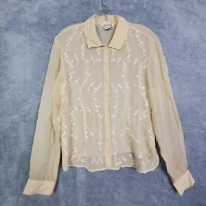 Vtg 90s Allison Taylor Womens Blouse Top Sz Medium Beige Silk Sheer Embroidered - Picture 1 of 14