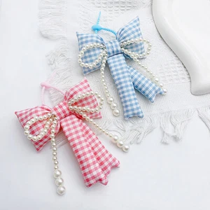Trendy Grid Bow Pearl Key Chains Sweet Bow Keyring Backpack Pendant Decoration - Picture 1 of 15