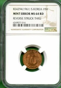 KOREA  1961  10 HWAN  MINT ERROR   NGC  MS 64  RD   REVERSE STRUCK THRU - Picture 1 of 2