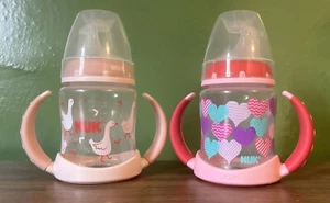 2 NUK Learner Bottle Sippy Active Cup Baby Feeding 5oz Hearts Ducks Pink Handle - Picture 1 of 5