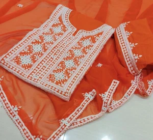 MIRROR WORK HAND EMB BALOCHI 3Pcs CAMBRIC SUIT & CHIFON DUPATTA.UNSTITCH. ORANGE - Picture 1 of 1