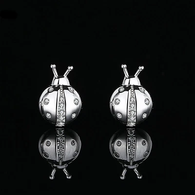 S925 纯银精致小号小型瓢虫带立方氧化锆耳钉 — 第 1/4 张图片