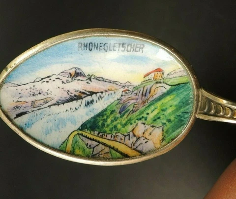 Vtg. Rhone Glacier Switzerland Solid Silver Enamel Spoon Swiss Alps Cover