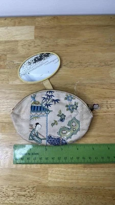 Vintage Asian Embroidered Silk Coin Purse Clutch Mirror Floral Geisha - Image 1 of 4