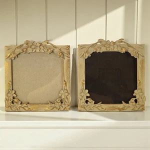 2er Set Hellgrau Taupe Gold Metall Foto Bilderrahmen Floral Gold 5" Quadrat - Bild 1 von 15