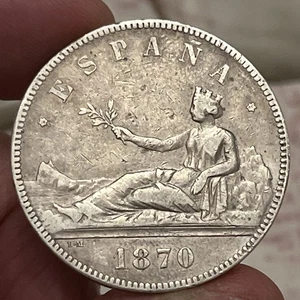 1870 S NM Silver Spain 5 Pesetas Provisional Government Coin Madrid Mint - Picture 1 of 2
