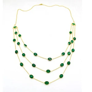 Verde Natural Onix 3 Capa Collar Macizo 14k Oro Amarillo Minimalista Joyería - Imagen 1 de 3