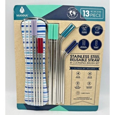 Juego de pajitas y cepillos de limpieza reutilizables de acero inoxidable Manna 13 piezas con bolsa de transporte Foto 1 de 4