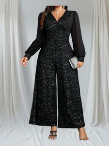 Mono talla grande negro brillante discoteca cuello en V pierna ancha talla 3X - Imagen 1 de 3