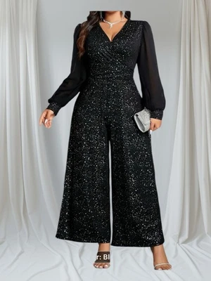 Mono talla grande negro brillante discoteca cuello en V pierna ancha talla 3X Foto 1 de 3