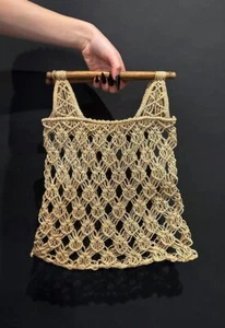 70's Vintage Brown Straw Wood Hand Held Bag Retro Boho Folk Hippy - Picture 1 of 2