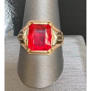 MENS ART DECO YELLOW GOLD AND LAB-CREATED RUBY SIGNET RING SIZE 10.25 SKY - Picture 1 of 8