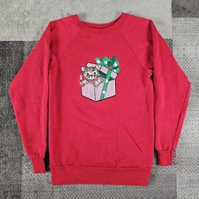 Винтажный 80-х Hanes Pinnell красный Рождество Kitty Cat подарок толстовка женщин S США - Изображение 1 из 4
