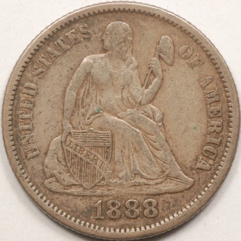 1888 Seated Liberty Dime, Very Original, Higher Grade. Free Shipping Cover