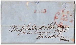 Stampless 1852 FLS, Red "Boston 23 APR 3 cts" CDS and 5 mm "PAID" in Red. - Picture 1 of 1