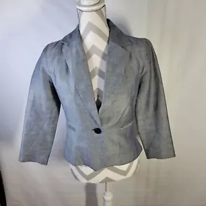 Cynthia Rowley Cropped One Button Blazer Linen/Cotton 3/4 Sleeve Size Small Navy - Picture 1 of 15