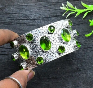 925 Sterling Silver Green Peridot Gemstone Handmade Jewelry Cuff Bracelet - Picture 1 of 8