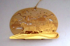 Couple enjoying sleigh ride past village Hallmark 1982 brass Christmas ornament - Picture 1 of 4