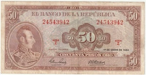 Banconota Colombia 50 Pesos Oro 1964 Ottime Condizioni-30 Scegli#402-B "Sucre" - Foto 1 di 2