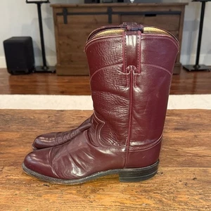 Mens Justin Burgundy Leather Vintage Western Cowboy Roper Boots 3037 Size 7.5 - Picture 1 of 7