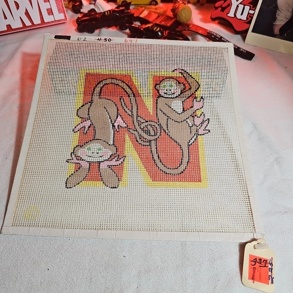 Vintage Needlepoint Canvas:  Childrens Theme Letter "N" - Image 1 of 1