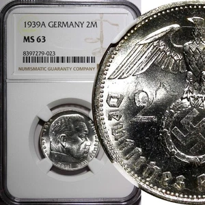 GERMANY-Third Reich Silver 1939 A 2 Reichs Mark NGC MS63 Hindenburg KM# 93 (23) - Picture 1 of 5