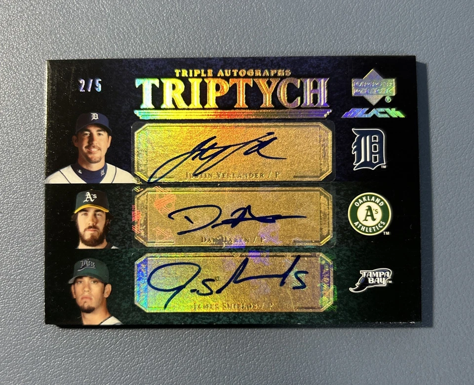 UD Black Triptych Gold 2007/5 Justin Verlander Haren Shields triple automático Foto 1 de 4