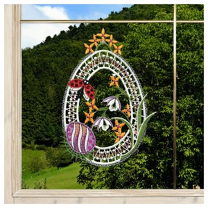 Fensterbild Osterei mit Marienkäfer Plauener Spitze Fensterdekoration in lila - Bild 1 von 4