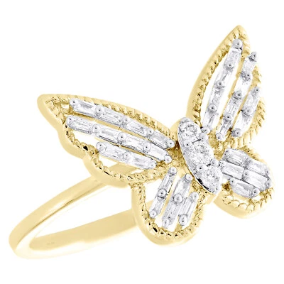 14K Yellow Gold Baguette Diamond Women's Milgrain Butterfly Cocktail Ring 1/4 CT - Image 1 of 4