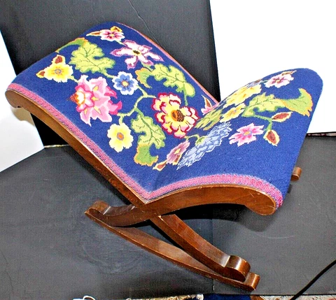 Antique French Aubusson Tapestry Bench or Foot Stool, X-Form Rocker Recliner Cover
