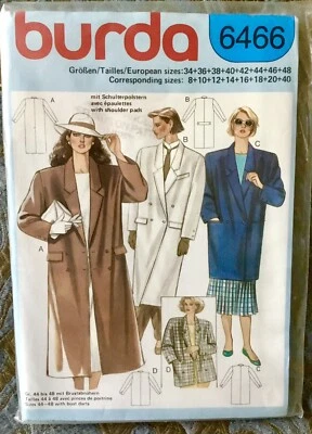VTG Burda  Sewing Pattern 6466 - Short Long Double Breasted Coat All Sizes UNCUT - Image 1 of 2